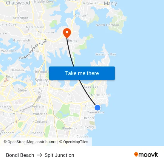 Bondi Beach to Spit Junction map