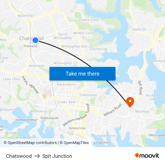 Chatswood to Spit Junction map