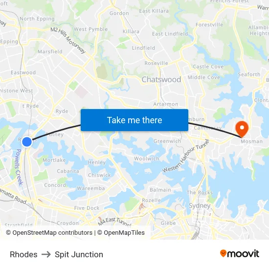 Rhodes to Spit Junction map