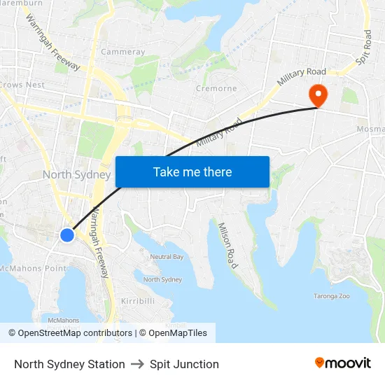 North Sydney Station to Spit Junction map