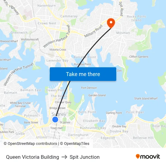 Queen Victoria Building to Spit Junction map