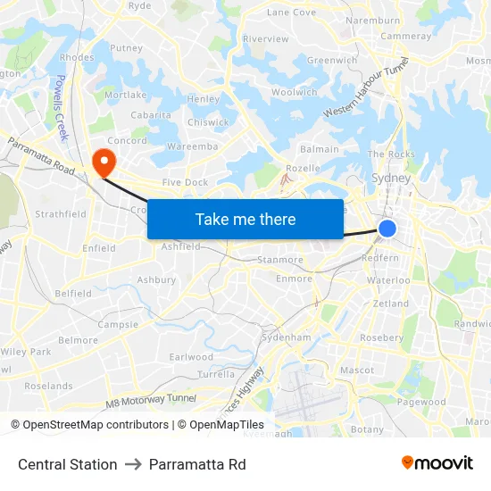 Central Station to Parramatta Rd map