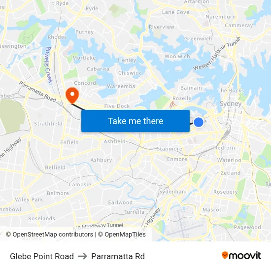 Glebe Point Road to Parramatta Rd map