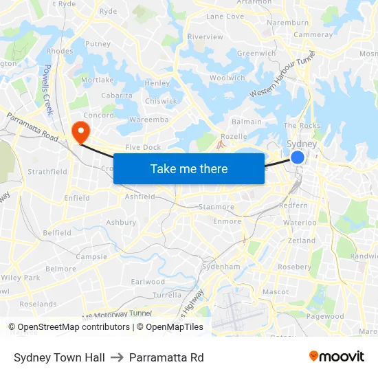 Sydney Town Hall to Parramatta Rd map