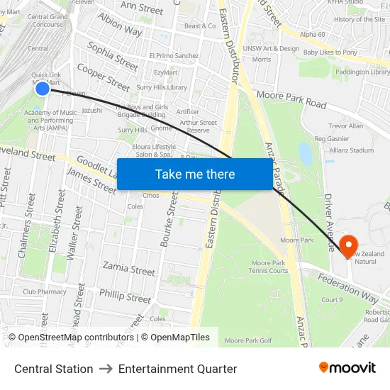 Central Station to Entertainment Quarter map