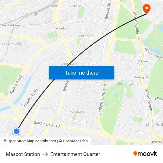 Mascot Station to Entertainment Quarter map