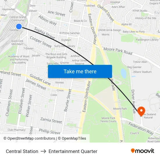 Central Station to Entertainment Quarter map