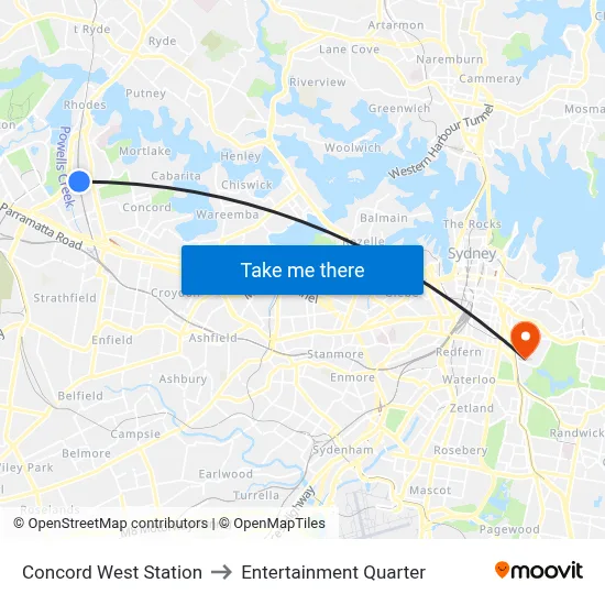 Concord West Station to Entertainment Quarter map