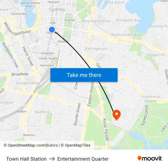 Town Hall Station to Entertainment Quarter map