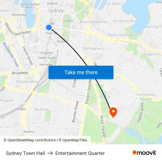Sydney Town Hall to Entertainment Quarter map