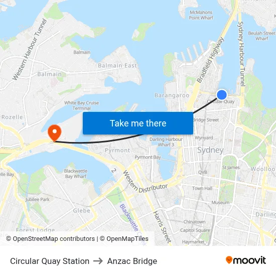 Circular Quay Station to Anzac Bridge map