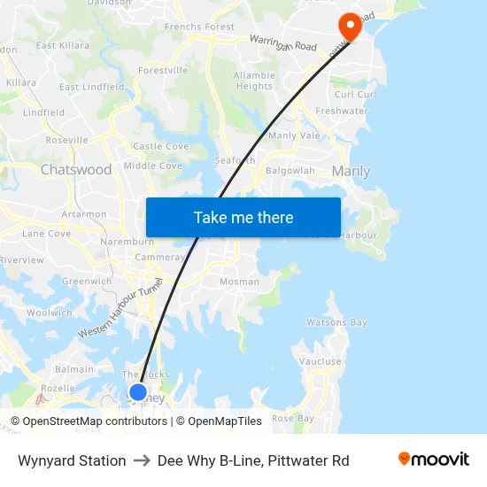 Wynyard Station to Dee Why B-Line, Pittwater Rd map
