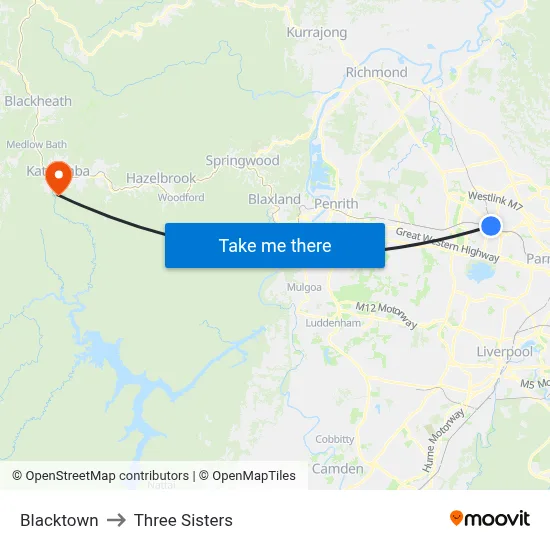 Blacktown to Three Sisters map