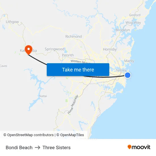Bondi Beach to Three Sisters map