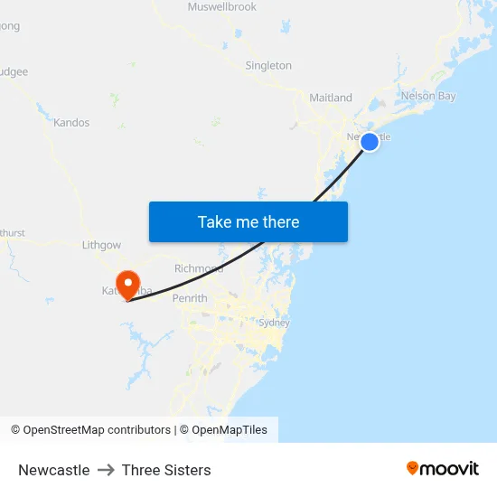 Newcastle to Three Sisters map