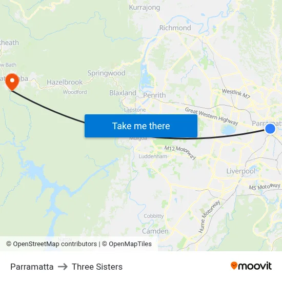Parramatta to Three Sisters map