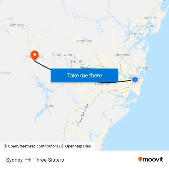 Sydney to Three Sisters map