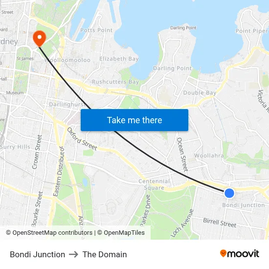 Bondi Junction to The Domain map