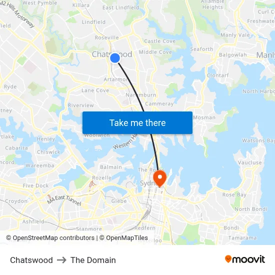 Chatswood to The Domain map