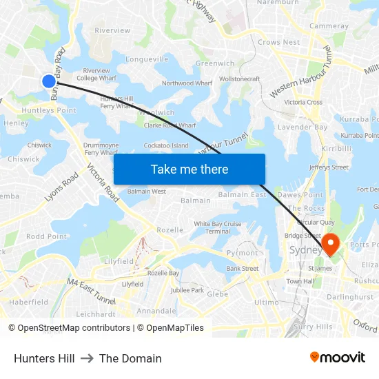 Hunters Hill to The Domain map