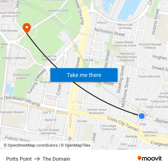 Potts Point to The Domain map