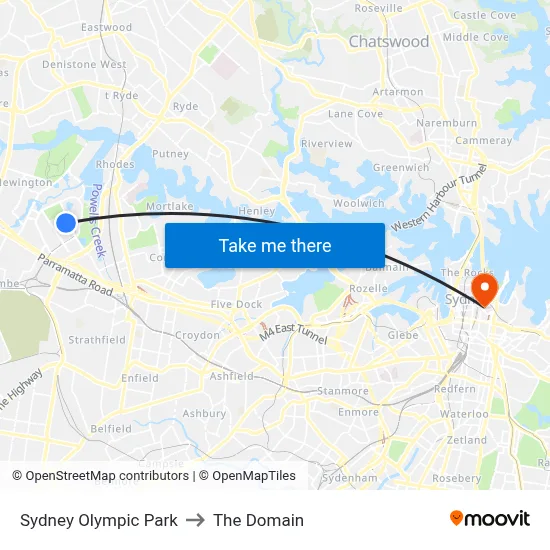 Sydney Olympic Park to The Domain map