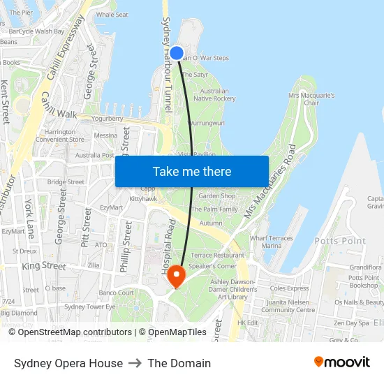 Sydney Opera House to The Domain map