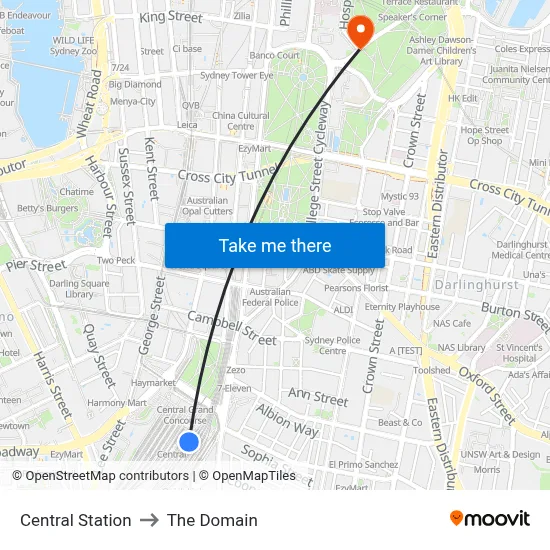 Central Station to The Domain map