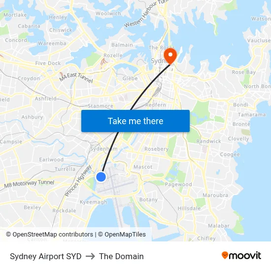 Sydney Airport SYD to The Domain map