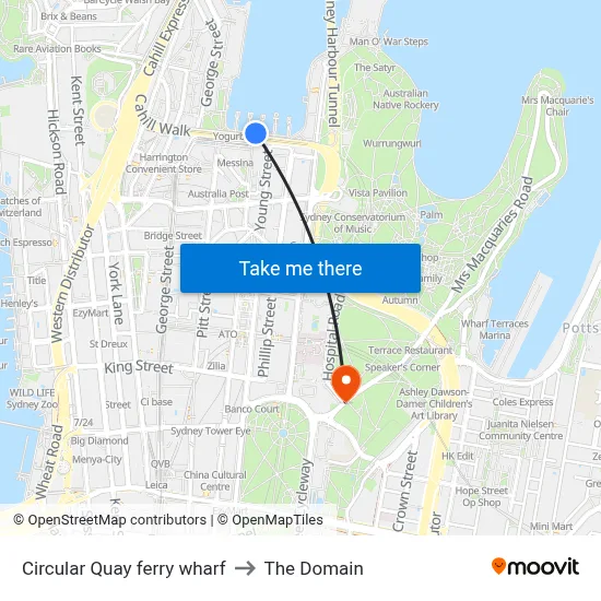 Circular Quay ferry wharf to The Domain map
