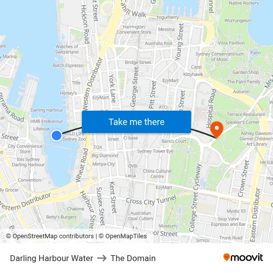 Darling Harbour Water to The Domain map