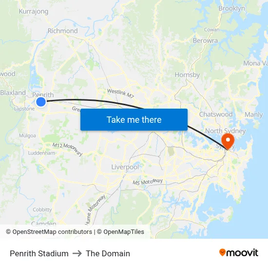 Penrith Stadium to The Domain map