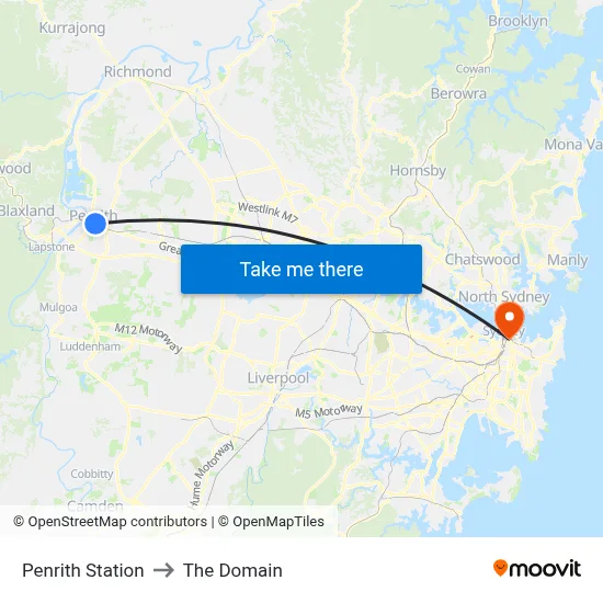 Penrith Station to The Domain map