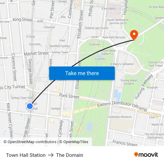 Town Hall Station to The Domain map