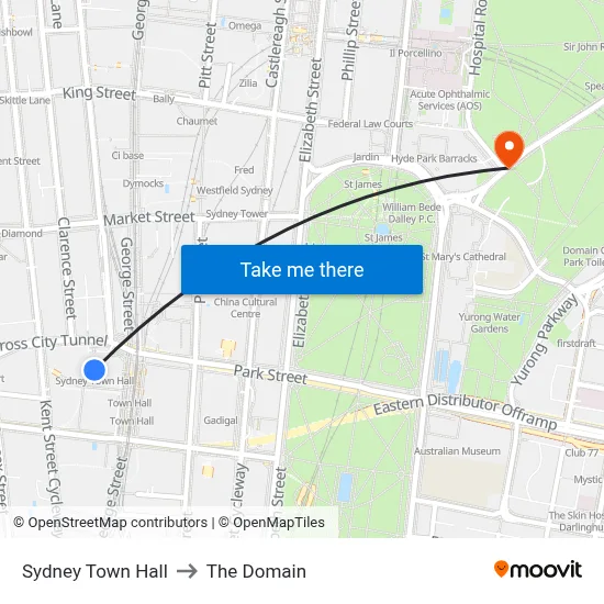 Sydney Town Hall to The Domain map