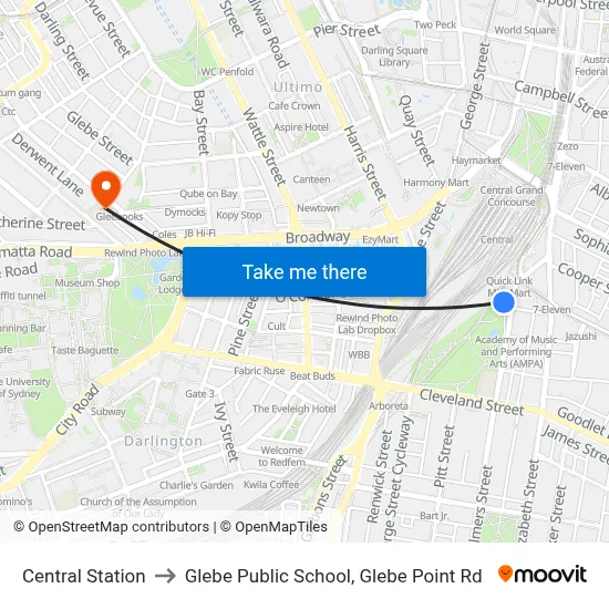 Central Station to Glebe Public School, Glebe Point Rd map