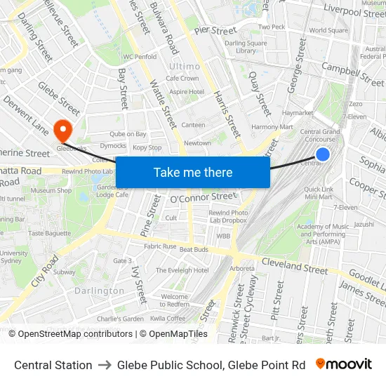 Central Station to Glebe Public School, Glebe Point Rd map