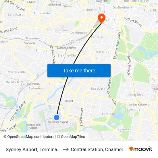 Sydney Airport, Terminal 3 Domestic to Central Station, Chalmers St, Stand G map