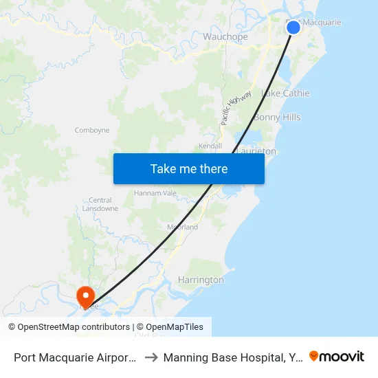 Port Macquarie Airport PQQ to Manning Base Hospital, York St map