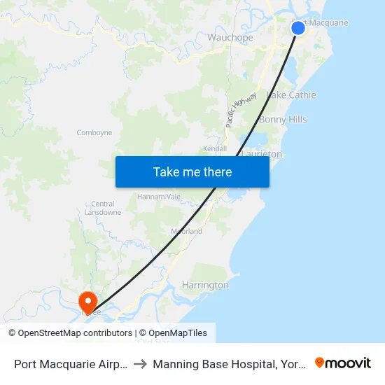 Port Macquarie Airport to Manning Base Hospital, York St map