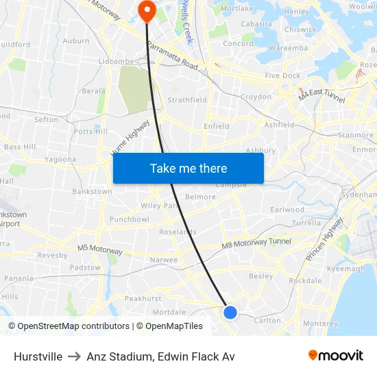 Hurstville to Anz Stadium, Edwin Flack Av map
