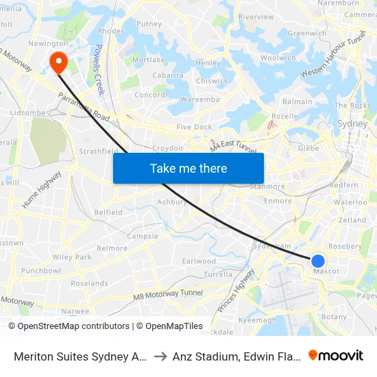 Meriton Suites Sydney Airport to Anz Stadium, Edwin Flack Av map