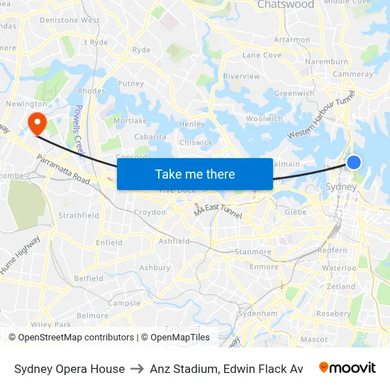 Sydney Opera House to Anz Stadium, Edwin Flack Av map
