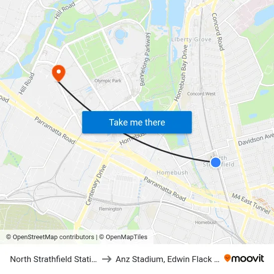 North Strathfield Station to Anz Stadium, Edwin Flack Av map