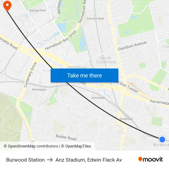 Burwood Station to Anz Stadium, Edwin Flack Av map