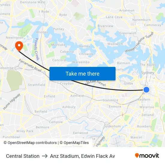 Central Station to Anz Stadium, Edwin Flack Av map
