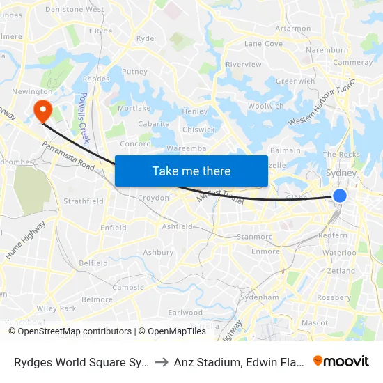 Rydges World Square Sydney to Anz Stadium, Edwin Flack Av map