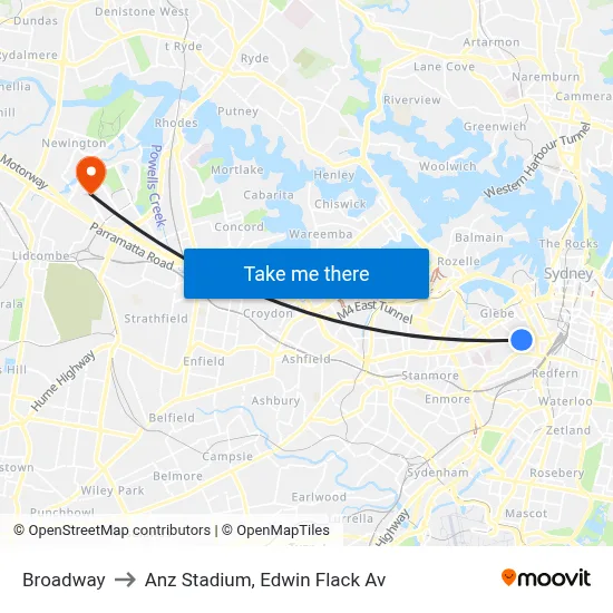 Broadway to Anz Stadium, Edwin Flack Av map