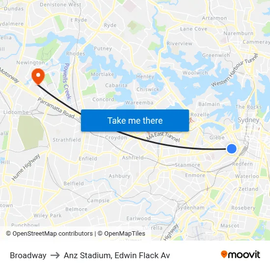 Broadway to Anz Stadium, Edwin Flack Av map