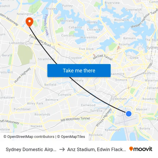 Sydney Domestic Airport to Anz Stadium, Edwin Flack Av map